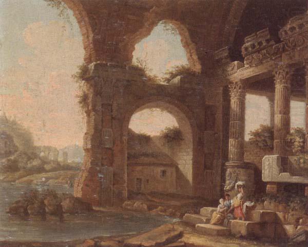 An architectural capriccio with washerwomen by a river, unknow artist